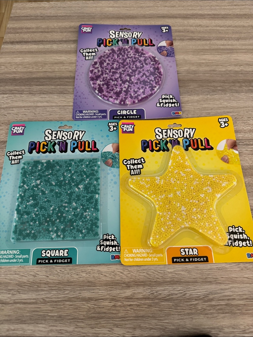 RMS Sensory Pick 'N Pull Kids Toys - Purple, Teal, Yellow Crazy Fun.Set of 3 NEW